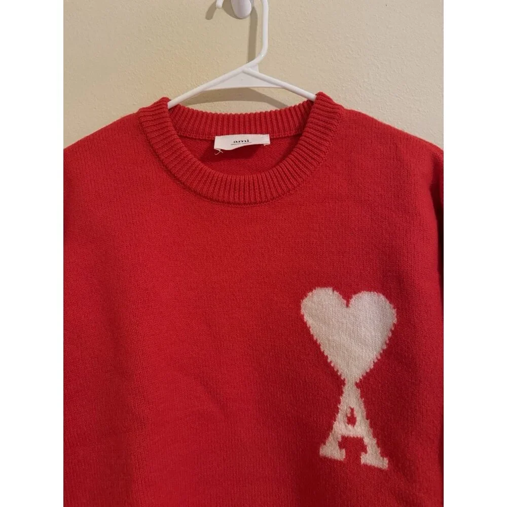 AMI Paris Alexandre Mattiussi Oversized Heart Embroidered Sweater Wool Red Small - Picture 2 of 7
